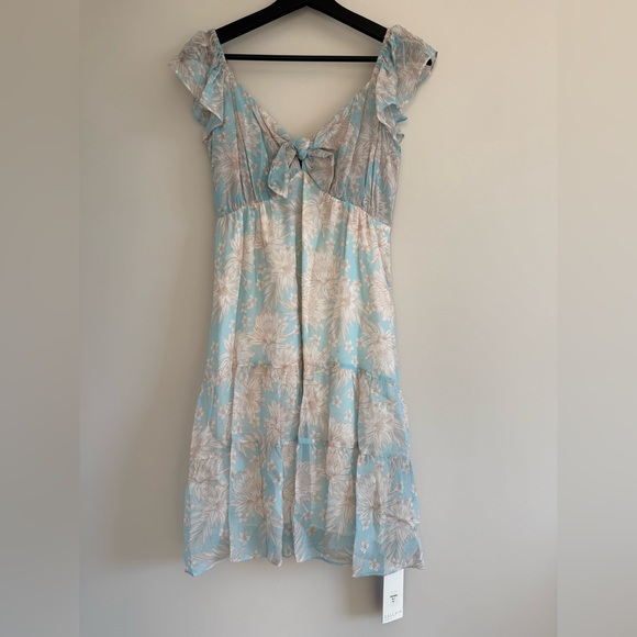 Hale Bob Light Blue Beige Floral Bow Tie Mini Dress - Picture 2 of 6